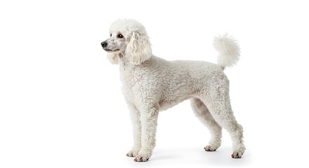 Elegant White Poodle Isolated on White Background Full Profile View Demonstrating Breed Standard Conformation and Grooming Achieving Classic Canine Beauty and Style in Studio Shot