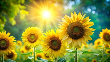Obraz premium Bright sunflowers on the left against a vibrant green, sun-drenched background with lens flare. 