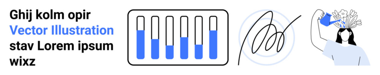 Bar chart with blue data bars, electronic signature symbol, person watering flowers. Ideal for analytics, sustainability, technology, nature, eco-awareness, productivity and designs for a simple