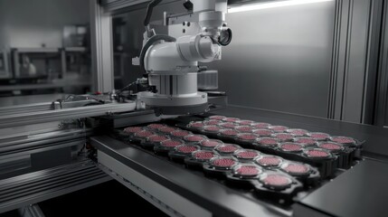 Automated food processing system with robotic arm precisely placing food products on trays