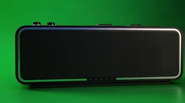 Close up of a black rectangular speaker with silver trim on a bright green background studio shot green screen video