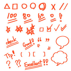 Sentence marks and checks, good, excellent, speech balloons, stars, etc. drawn with red colored pencils and crayons.