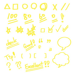 Sentence marks and checks, good, excellent, speech balloons, stars, etc. drawn with yellow colored pencils and crayons.