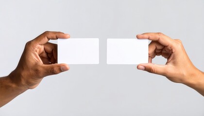 Obraz premium Holding Blank Business Cards: Two hands of diverse shades delicately present clean, blank business cards, symbolizing connection, information, and potential in a crisp and modern arrangement.