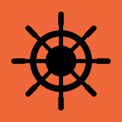 Obraz premium Simple black ship wheel icon on orange background