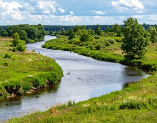 Obraz premium Serene River Flowing Through Lush Green Fields Under Bright Sky