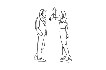 Continuous one line drawing of Two professional businessmen giving highfive. Single line drawing illustration of Partnership high five. Ipo profit victory concept vector art. Doodle line illustration.