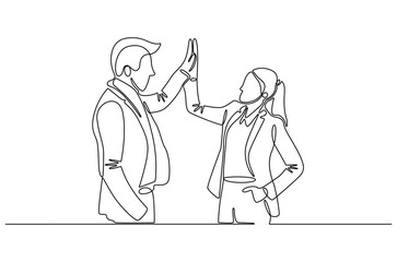 Continuous one line drawing of Two professional businessmen giving highfive. Single line drawing illustration of Partnership high five. Ipo profit victory concept vector art. Doodle line illustration.