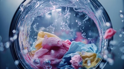 Washing machine or detergent with floating clothes under water with bubbles and wet splashes