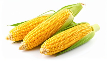 Golden Corn Trio: A trio of vibrant, freshly harvested corn cobs rest together, showcasing their bright yellow kernels, encased in layers of fresh, green husks.