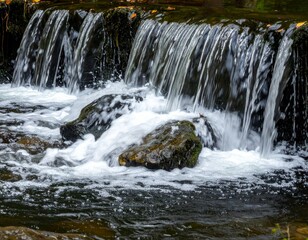 Fototapeta premium Tranquil Stream Waterfall Cascading Over Rocks in Forest Setting