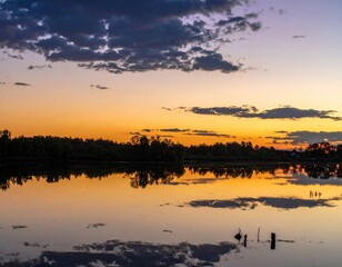 Serene Sunset Reflection over Calm Waters with Colorful Cloudscape