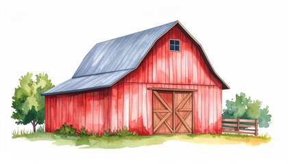 Watercolor painting of rustic red wooden barn with metal roof, surrounded by green grass, trees, and wooden fence, isolated on white