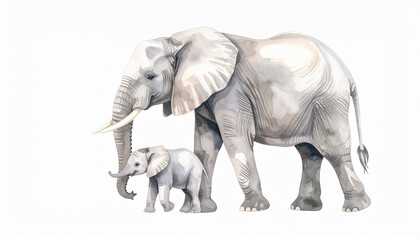 Obraz premium Watercolor painting of mother elephant and her baby standing side by side, showing gentle and tender connection