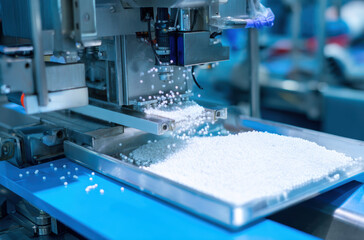 Automated machinery in factory setting processes white pellets, showcasing precision and efficiency in production
