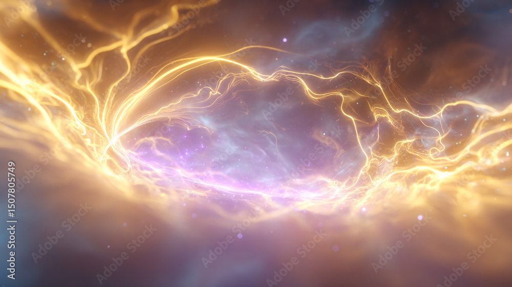 Poster ethereal glowing light waves with golden and purple hues create dynamic and magical abstract cosmic 