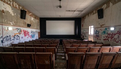 Naklejka premium Abandoned Vintage Cinema Interior with Weathered Walls and Seats
