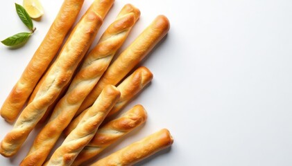 Artisanal Italian breadsticks arranged on white , food photography, crackers, breadsticks