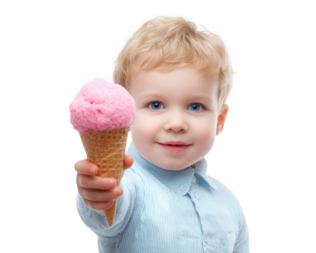 Cheerful child holding pink ice cream cone, smiling brightly against transparency background. joy of enjoying sweet treat is evident in child expression
