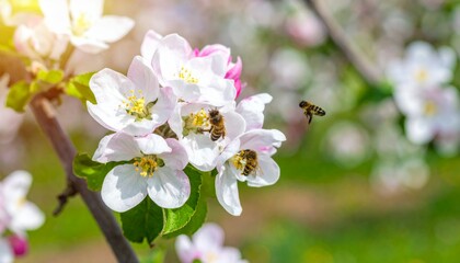 Obraz premium Bees Pollinating Blossoming Apple Flowers in Springtime Sunshine