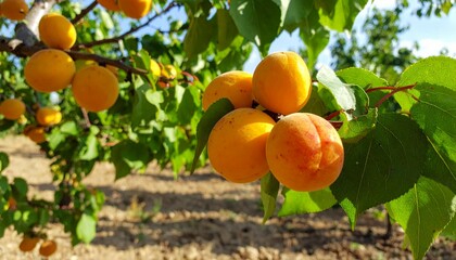 Fresh Juicy Apricots Hanging on Tree in Sunny Orchard Landscape
