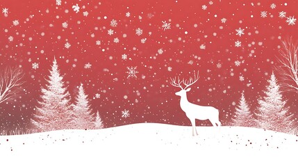 Winter scene with a deer and snow falling on a red background.