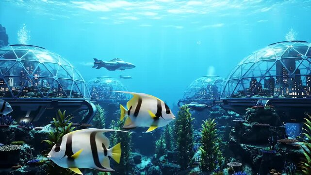 Futuristic underwater city with glass dome habitats and tropical fish