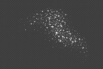 White sparkling stars, shiny particles light effect, transparent flying stardust texture, abstract twinkle Christmas decoration. Vector illustration.