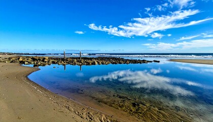 Fototapeta premium Serene Beach Landscape with Clear Blue Sky and Calm Water Reflections