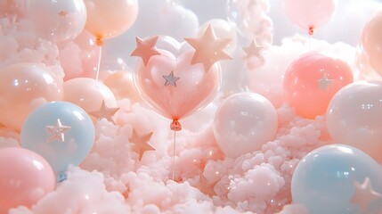 Pastel Cloudscape Floating Heart  Star Balloons with Soft Dreamy Backdrop, and Celebratory.