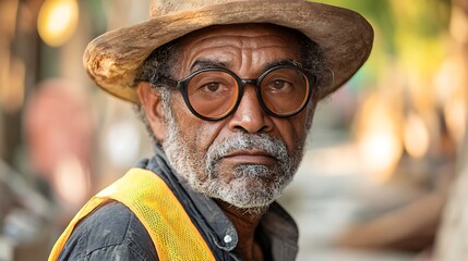 Portrait of a serious Black man with glasses and hat outdoors.