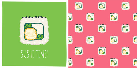 Sushi roll with shrimp cartoon simple seamless pattern. Traditional Asian Japanese food boundless background. Sushi seafood endless vector design paper print fabric textile wrapper backdrop template