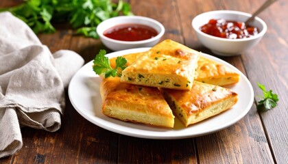 Savory pastries on a plate with dipping sauces, offering a flavorful culinary experience