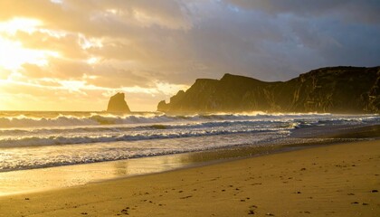 Fototapeta premium Serene Sunset Over Waves and Rocky Cliffs Along the Coastline