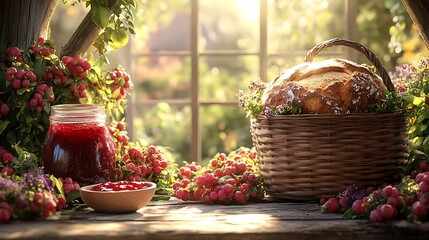 Rustic bread  berry jam on a windowsill with sunlight and garden view.