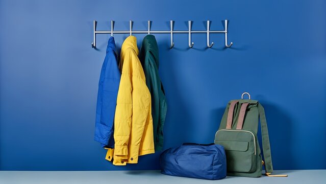 Minimalist coat hanger on a wall-mounted rack, with jackets and bags clearly arranged around it