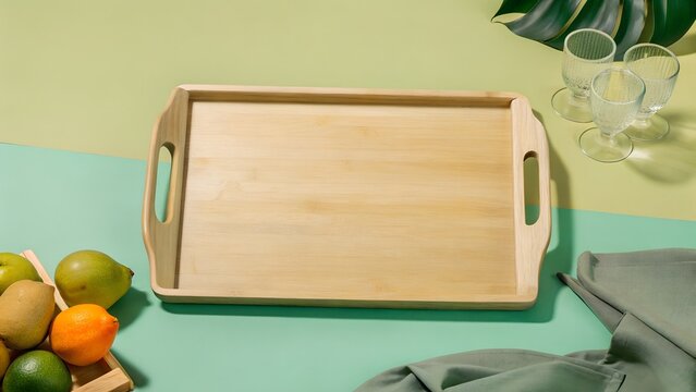 Plain wooden tray with handles placed on a kitchen island, surrounded by cutlery, fruit, and glassware