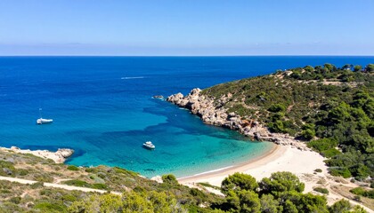 Obraz premium Serene Coastal Landscape with Clear Blue Waters and Tranquil Beach