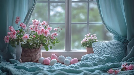 Serene Easter Scene Pastel eggs with pink roses, and cozy window with curtains and a soft blanket.