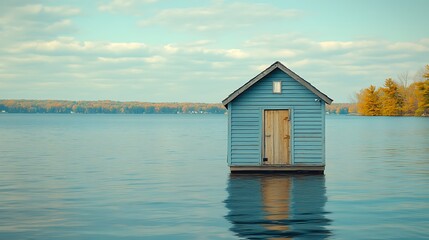 Serene Blue Lakeside Cabin Floating on Calm Water with Autumn Landscape Background.