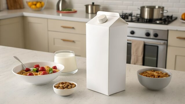 Unbranded milk carton standing upright on a kitchen counter with other breakfast items