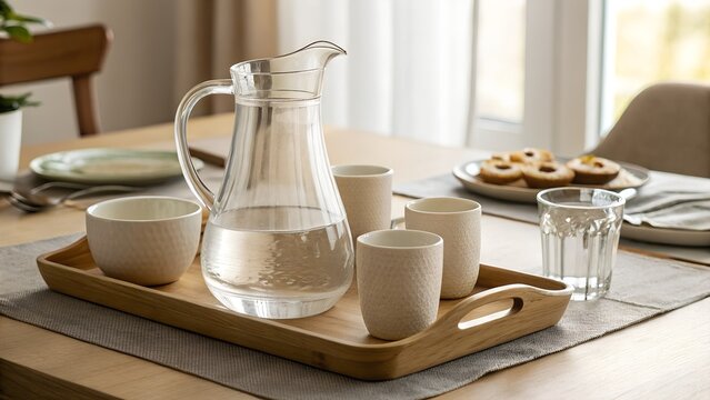 Unlabeled glass pitcher on a dining table, surrounded by ceramic cups and a serving tray