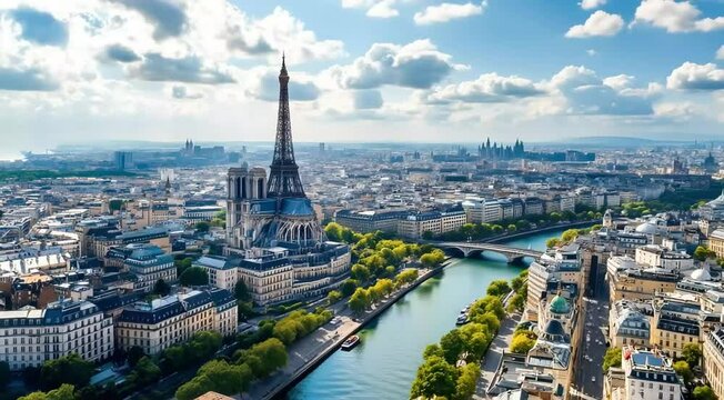 Majestic paris skyline eiffel tower notre dame