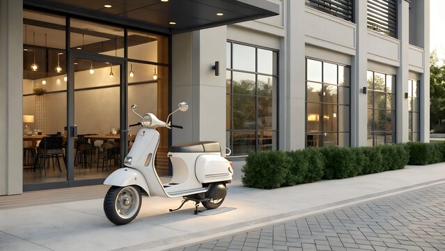 White food delivery scooter parked in front of a restaurant with no markings