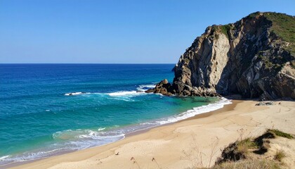 Obraz premium Serene Coastal Landscape with Rocky Cliffs and Clear Blue Waters