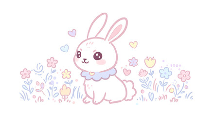 Obraz premium Adorable Pastel Bunny Rabbit in a Flower Garden Cute Kawaii Style Illustration