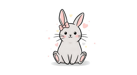Adorable Grey Bunny Rabbit Cartoon Illustration Kawaii Style Sitting Pink Bow