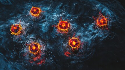 Colorful jellyfish floating in dark ocean waters.