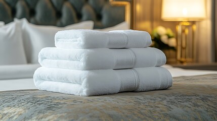 Stack of fluffy white towels on bed in luxurious hotel room with comfort and relax.