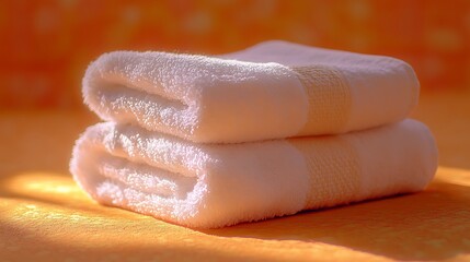 Stacked white fluffy towels on orange background with spa or bathroom concept.